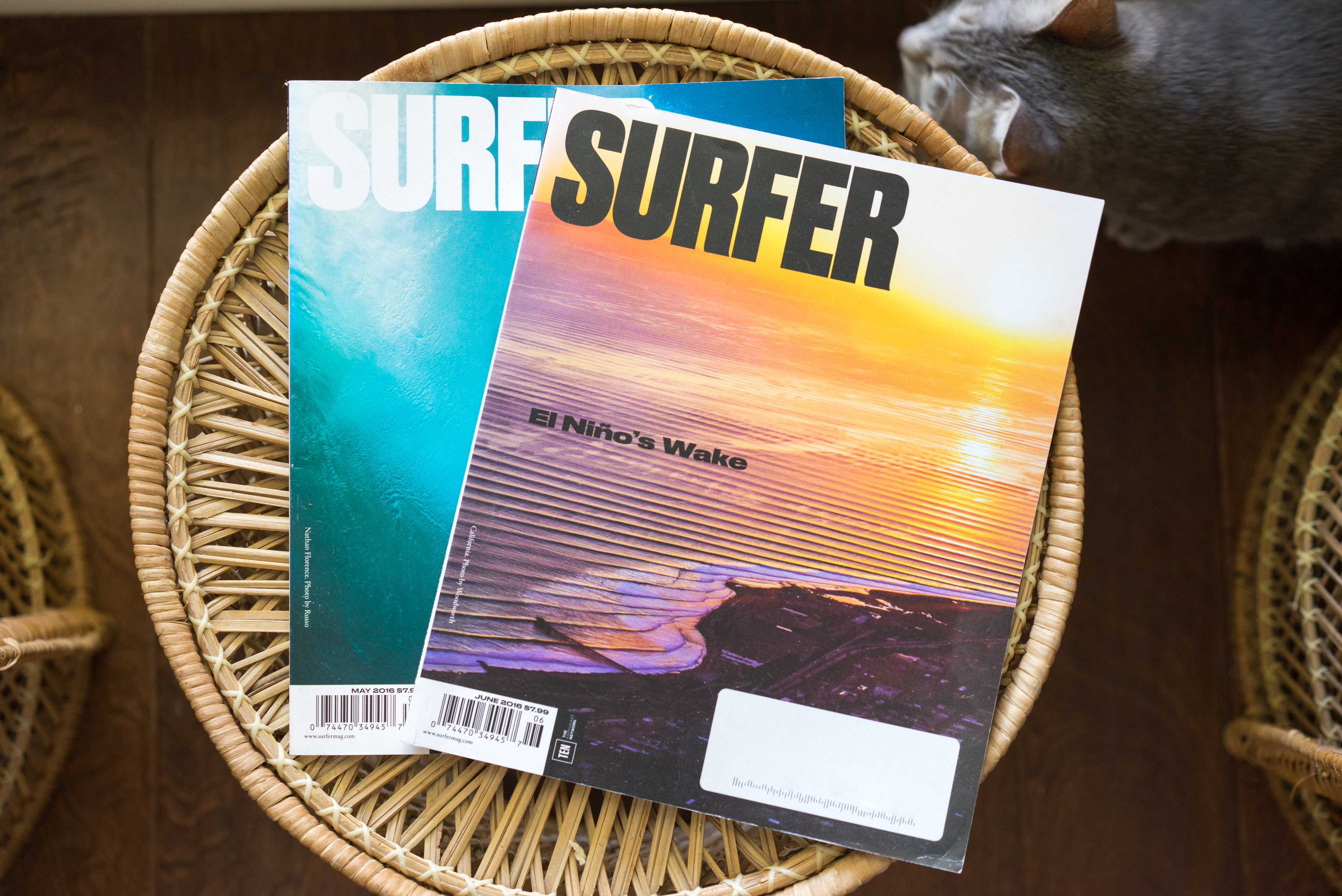 House Tour: Two issues of Surfer magazine on a side table