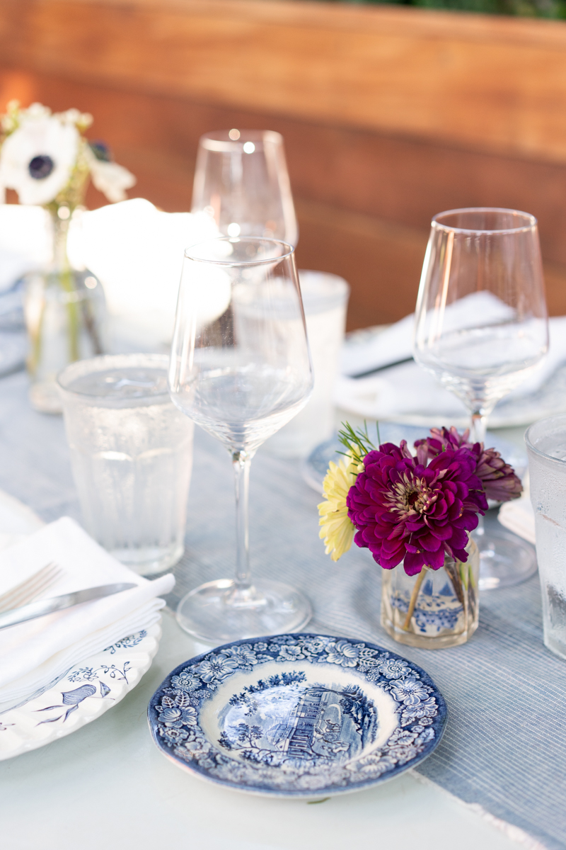 Table setting with blue & white plates and water glasses
