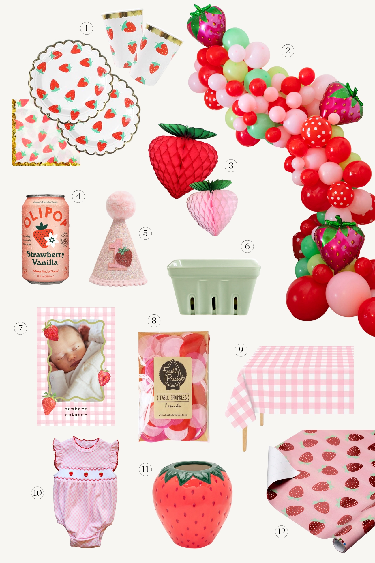 Grouping of strawberry party items including: plates, party hat, strawberry balloon arch, table cloth, and strawberry baby outfit. 