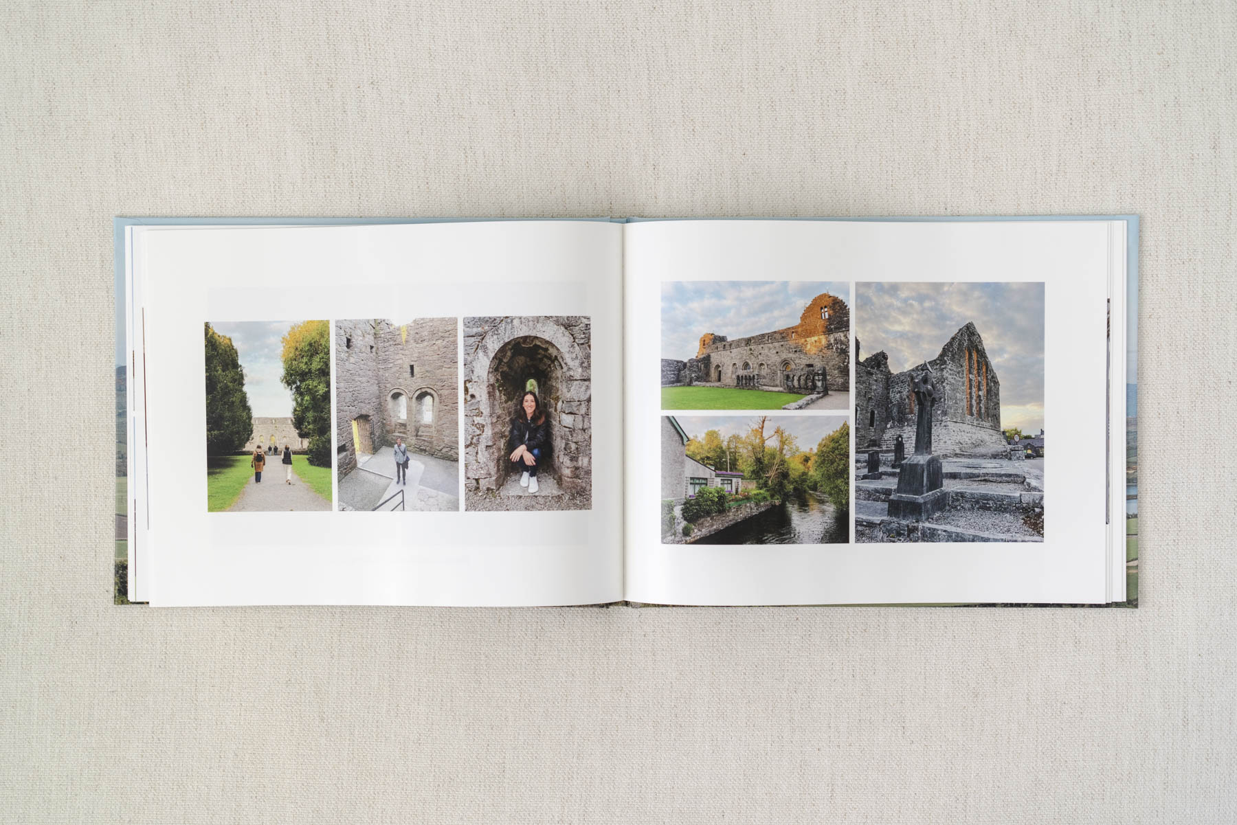 Inside look at two pages inside of one of the photo books. It features 6 phots from Abby's trip to Ireland. 