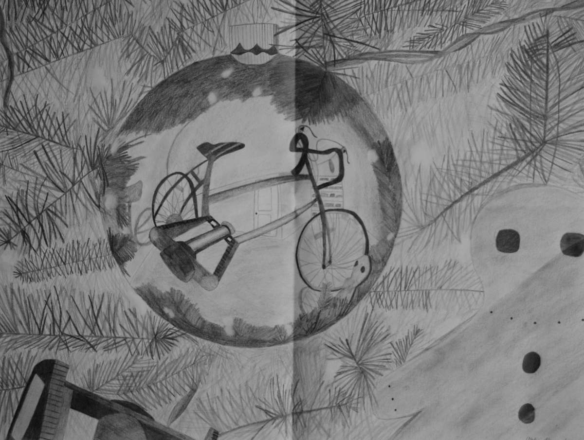 Bike reflected in a Christmas ornament pencil drawing