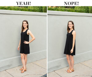 Girl in black dress demonstrating how to pose in front of the camera