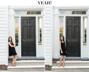 Girl in black dress demonstrating how to pose in front of the camera
