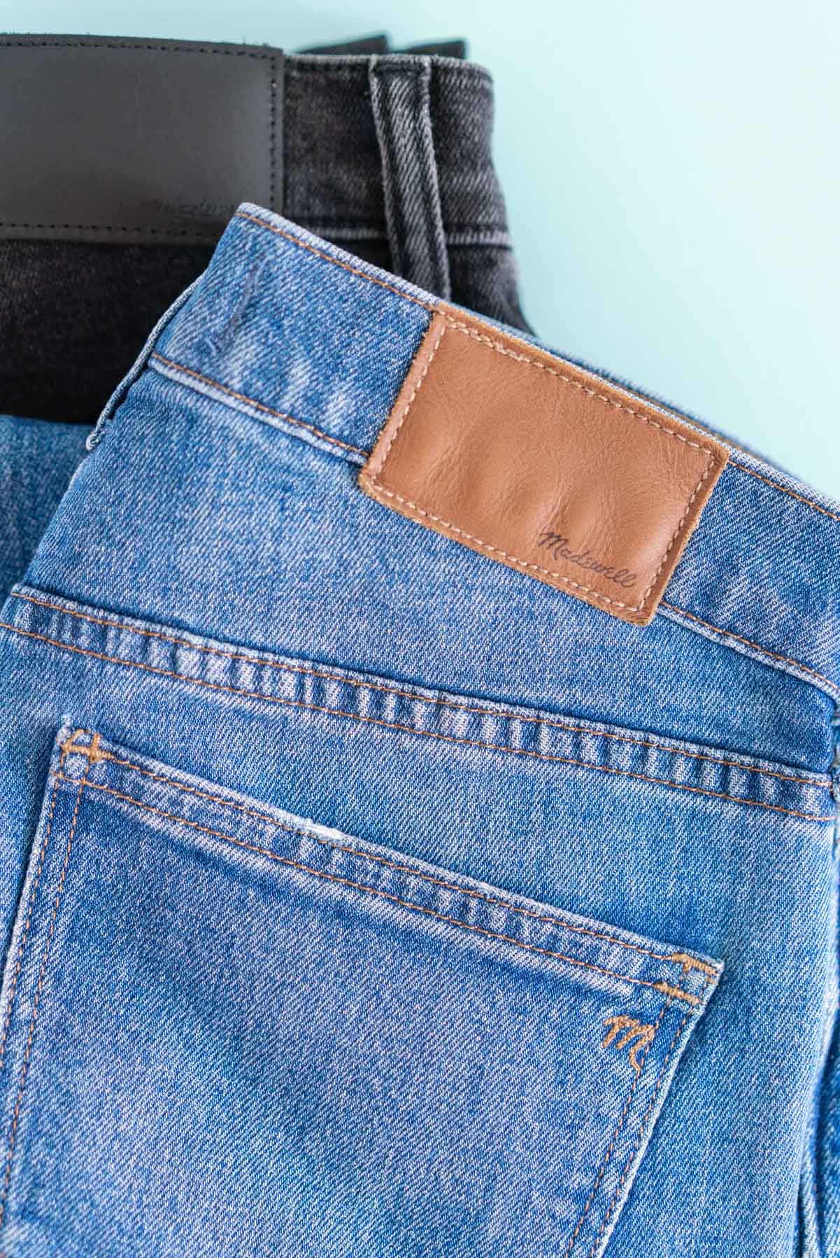 Detail of a back leather patch on Madewell jeans