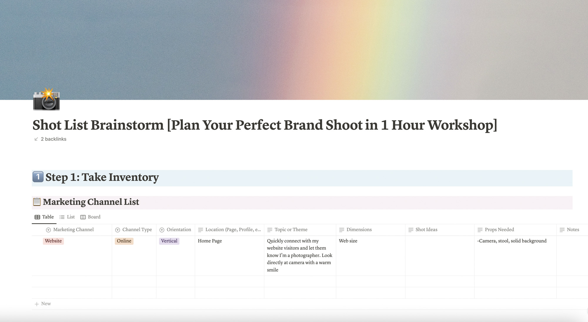 Screenshot of the Shot List Brainstorm List. It also says How to Plan your Perfect Brand Shoot in One Hour Workshop. 