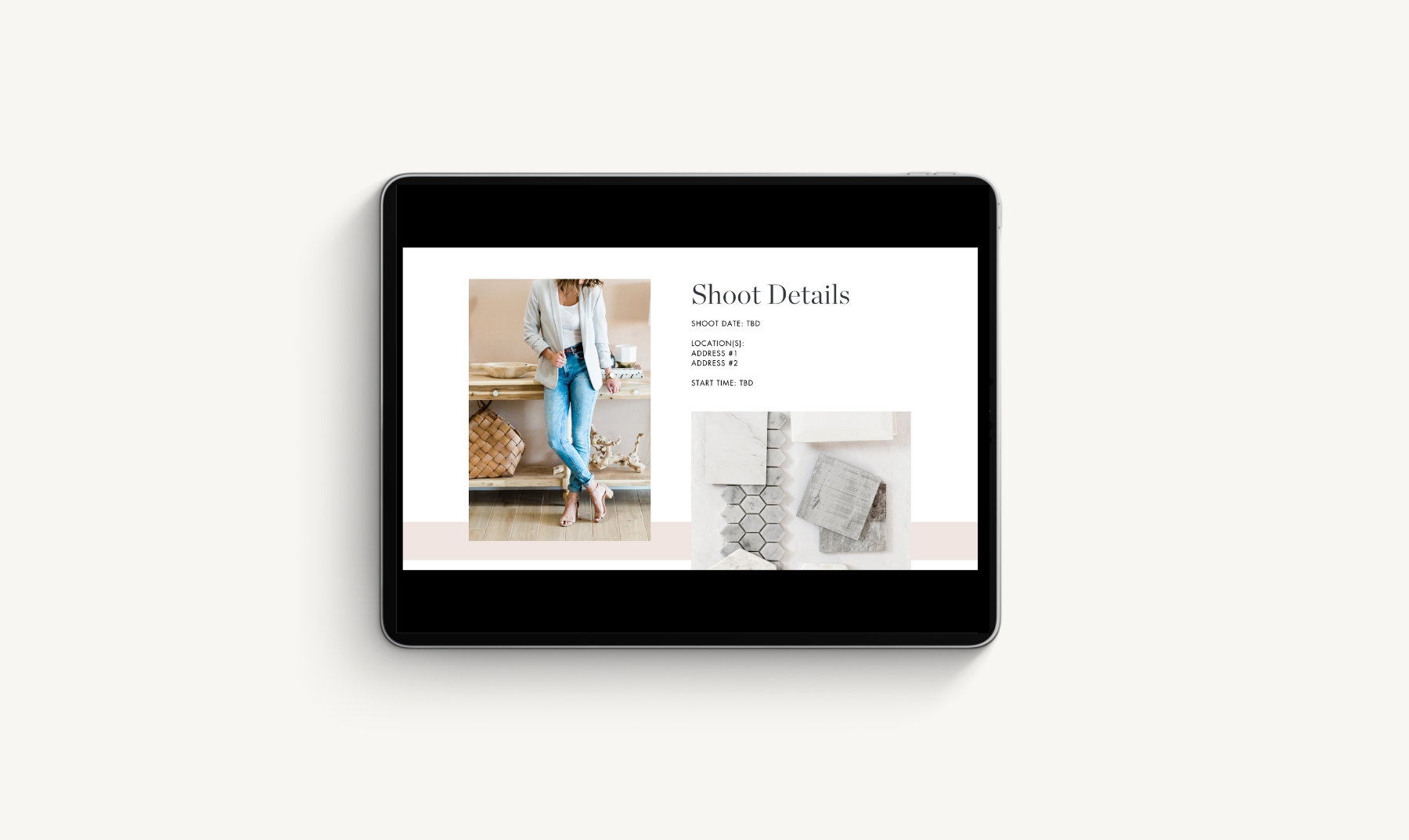 An iPad with a brand photoshoot planner and shoot details page on the screen.