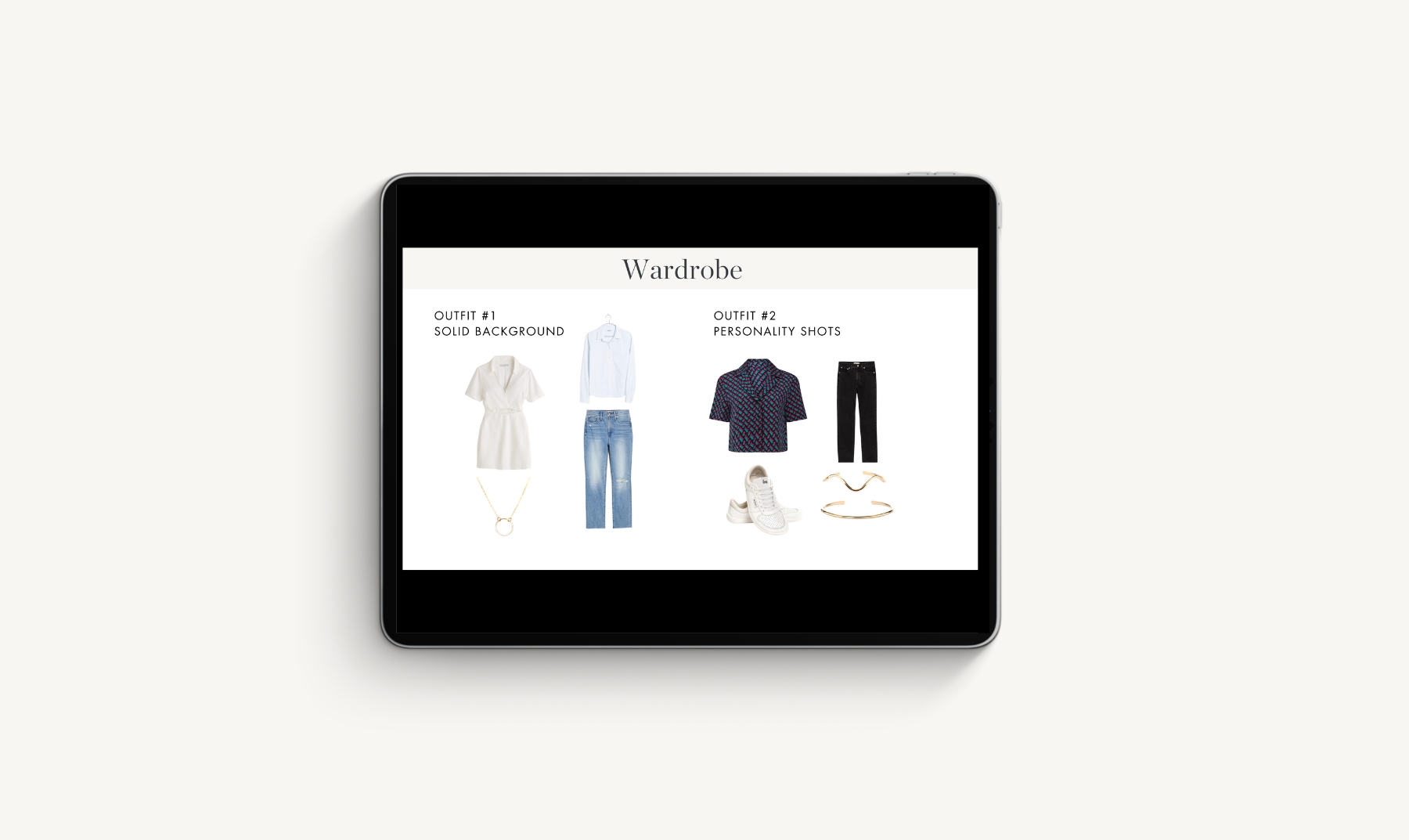 An iPad with a brand photoshoot template and wardrobe inspiration on the screen.