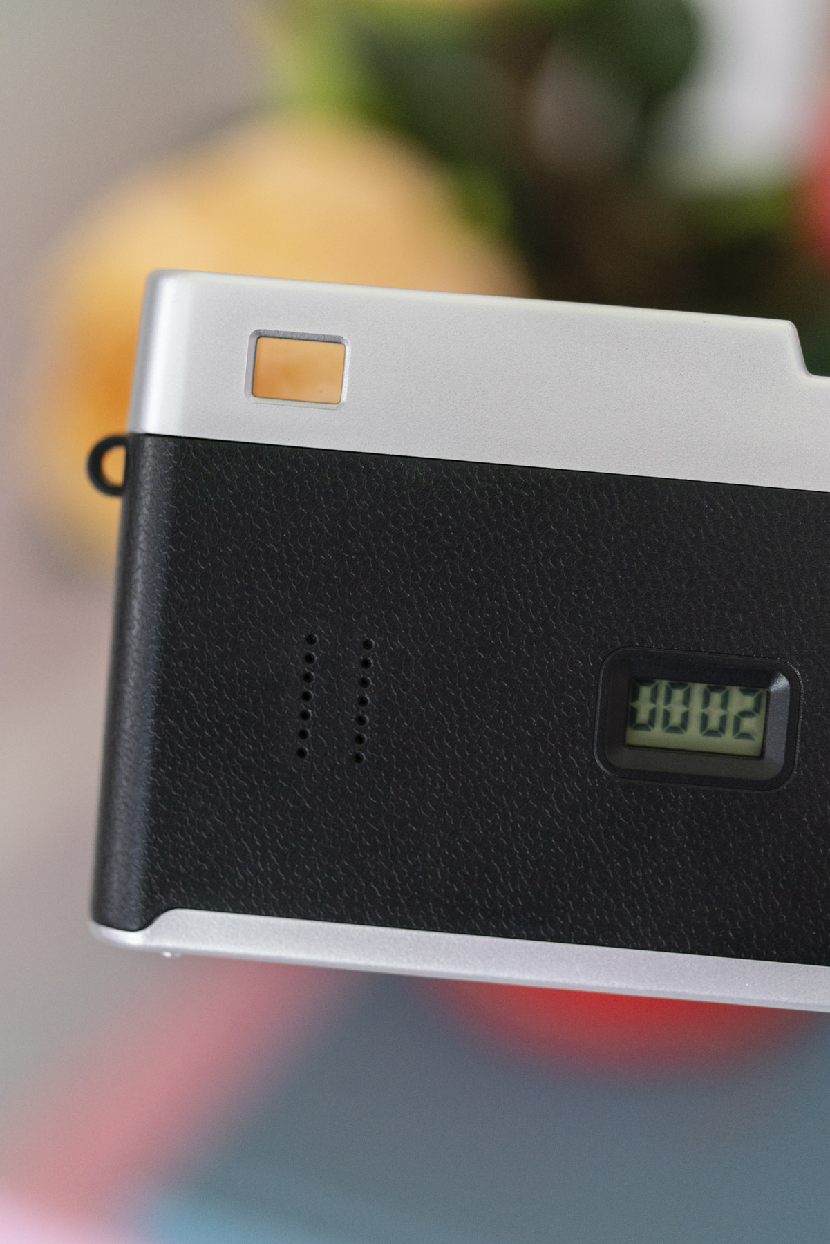 Close-up of the viewfinder and photo counter window on the back of the Camp Snap Pro camera